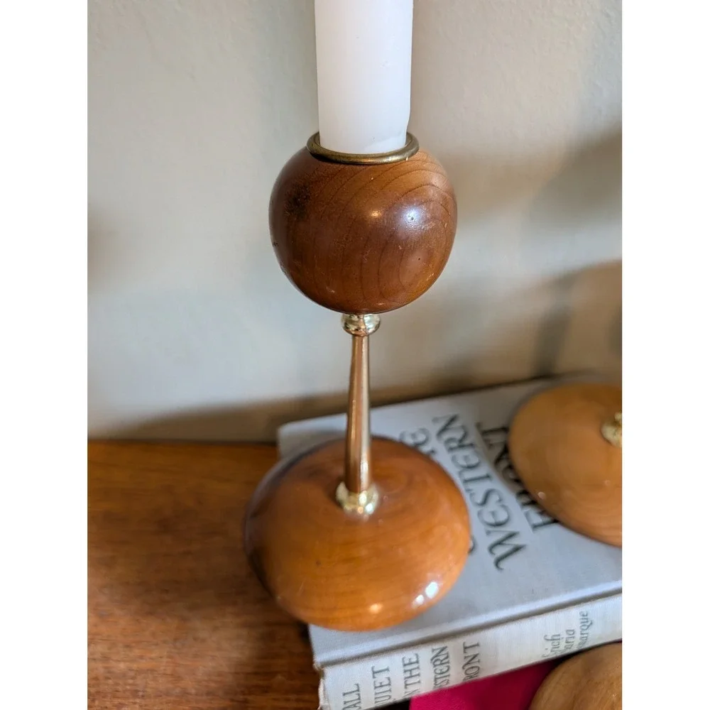 Vintage Mid Century Modern Oregon Myrtlewood Candlestick Holders Set of 3 Gold